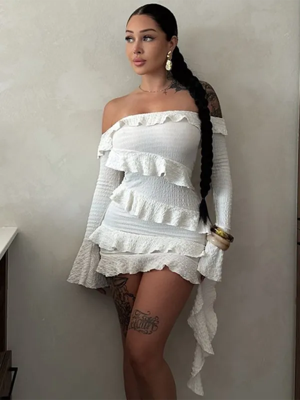 One-shoulder Mini Dress with Ruffled Trumpet Sleeves and Ribbon