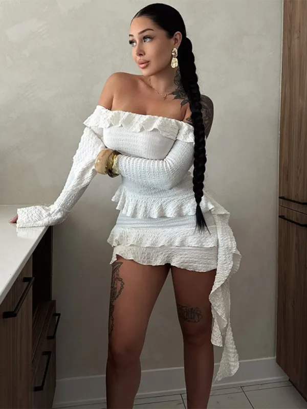 One-shoulder Mini Dress with Ruffled Trumpet Sleeves and Ribbon