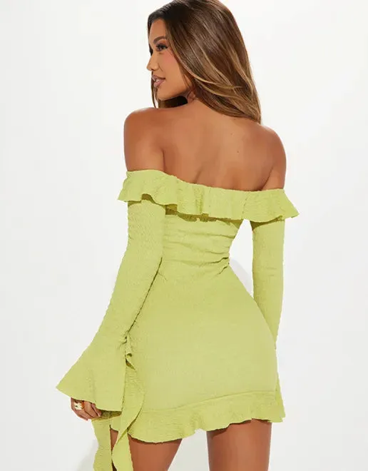One-shoulder Mini Dress with Ruffled Trumpet Sleeves and Ribbon