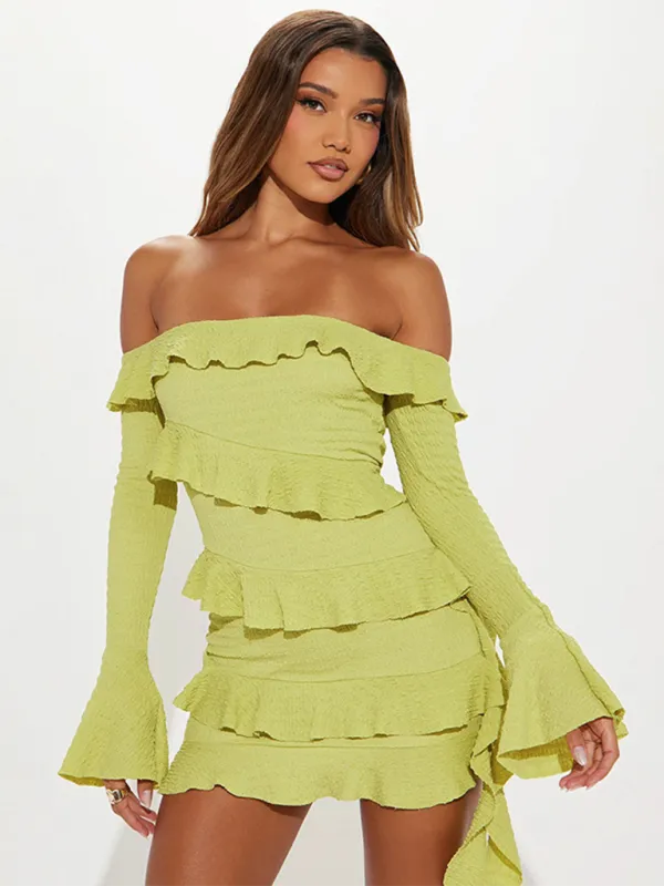 One-shoulder Mini Dress with Ruffled Trumpet Sleeves and Ribbon