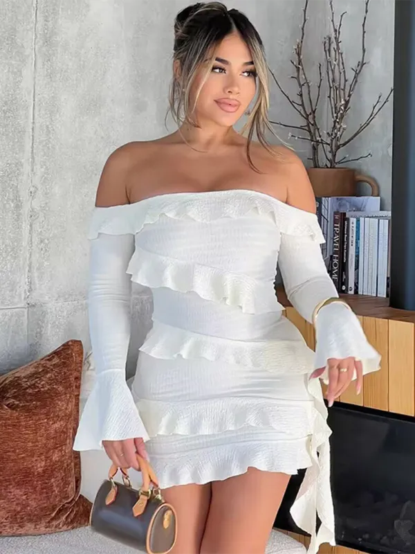 One-shoulder Mini Dress with Ruffled Trumpet Sleeves and Ribbon