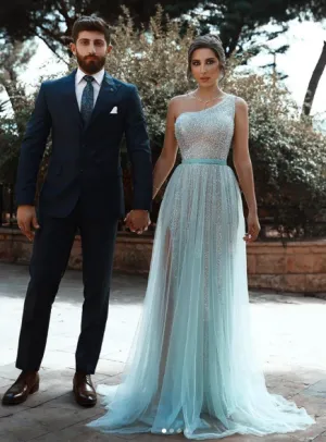 one shoulder prom dresses sparkly mint green sleeveless elegant a line prom gown vestido de Longo