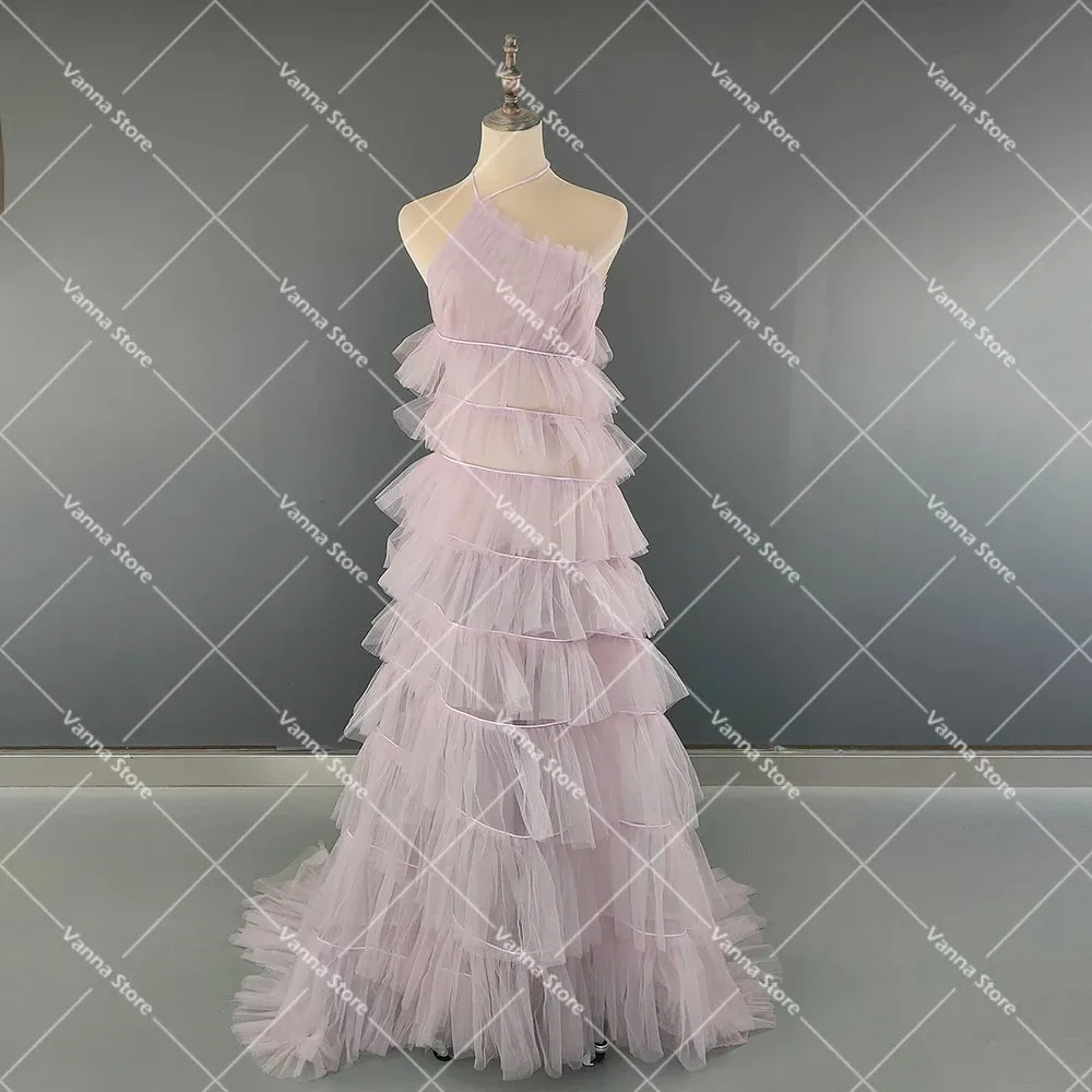 One Shoulder Tiered Tulle A Line Wedding Dress See Through Sexy Customized Spaghetti Straps Halter Mesh Evening Bridal Gowns