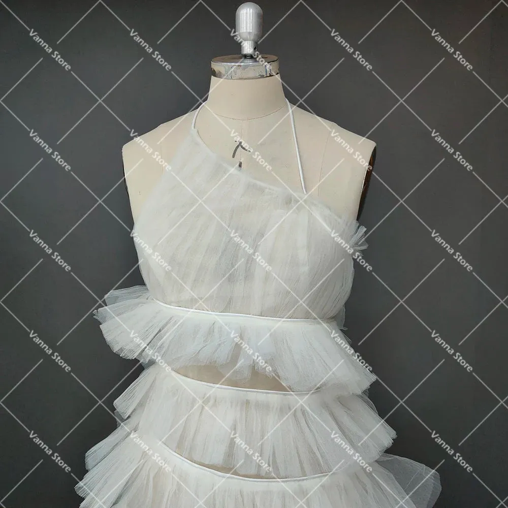 One Shoulder Tiered Tulle A Line Wedding Dress See Through Sexy Customized Spaghetti Straps Halter Mesh Evening Bridal Gowns
