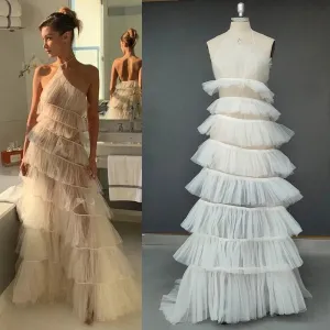One Shoulder Tiered Tulle A Line Wedding Dress See Through Sexy Customized Spaghetti Straps Halter Mesh Evening Bridal Gowns