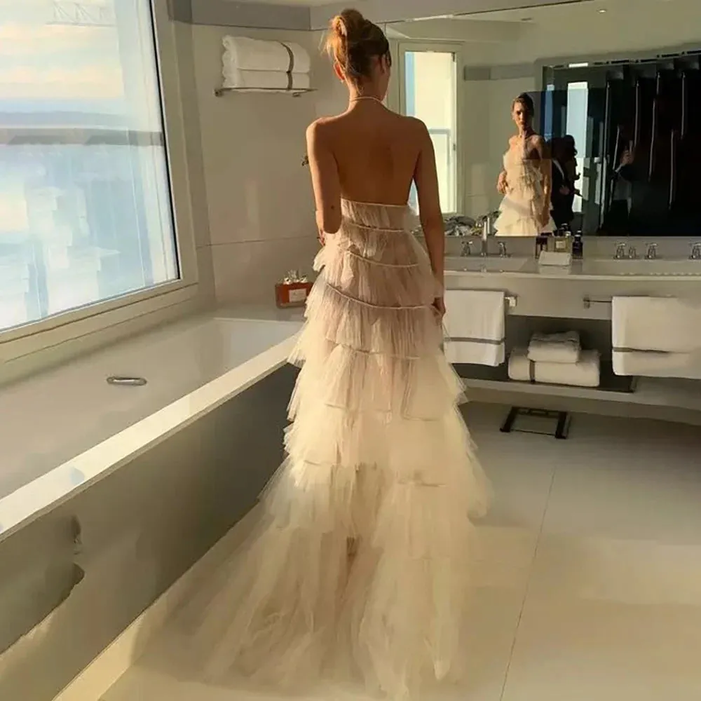 One Shoulder Tiered Tulle A Line Wedding Dress See Through Sexy Customized Spaghetti Straps Halter Mesh Evening Bridal Gowns