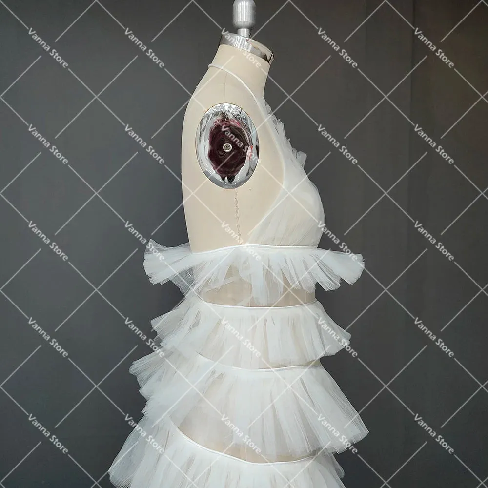 One Shoulder Tiered Tulle A Line Wedding Dress See Through Sexy Customized Spaghetti Straps Halter Mesh Evening Bridal Gowns
