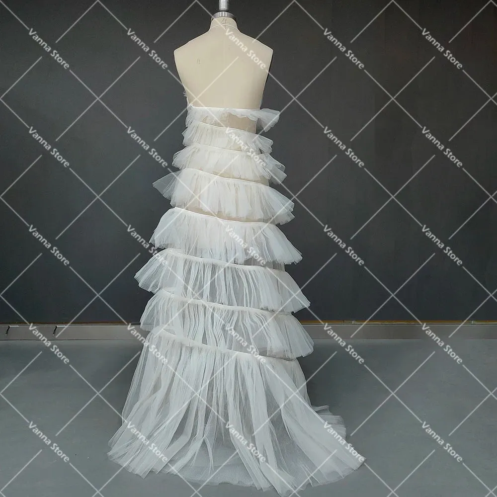 One Shoulder Tiered Tulle A Line Wedding Dress See Through Sexy Customized Spaghetti Straps Halter Mesh Evening Bridal Gowns