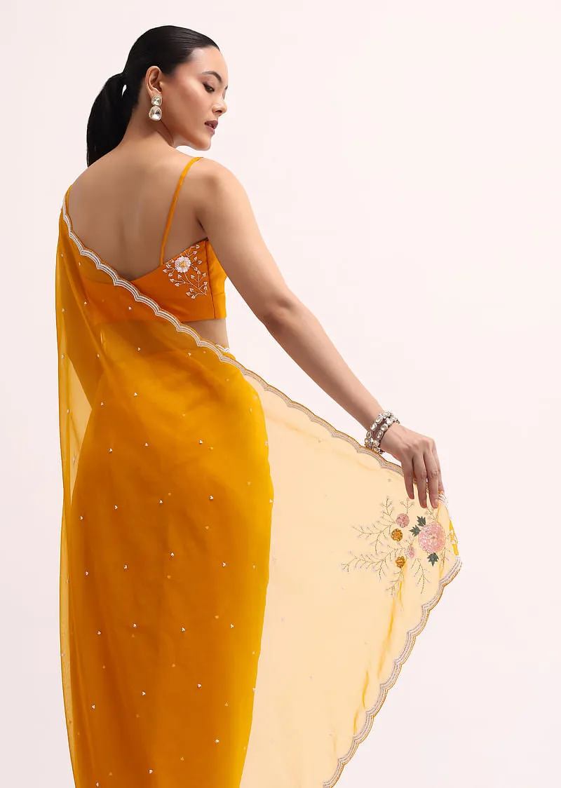 Orange 3D Sequin Organza Saree