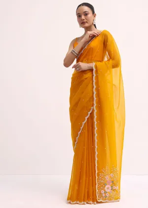 Orange 3D Sequin Organza Saree