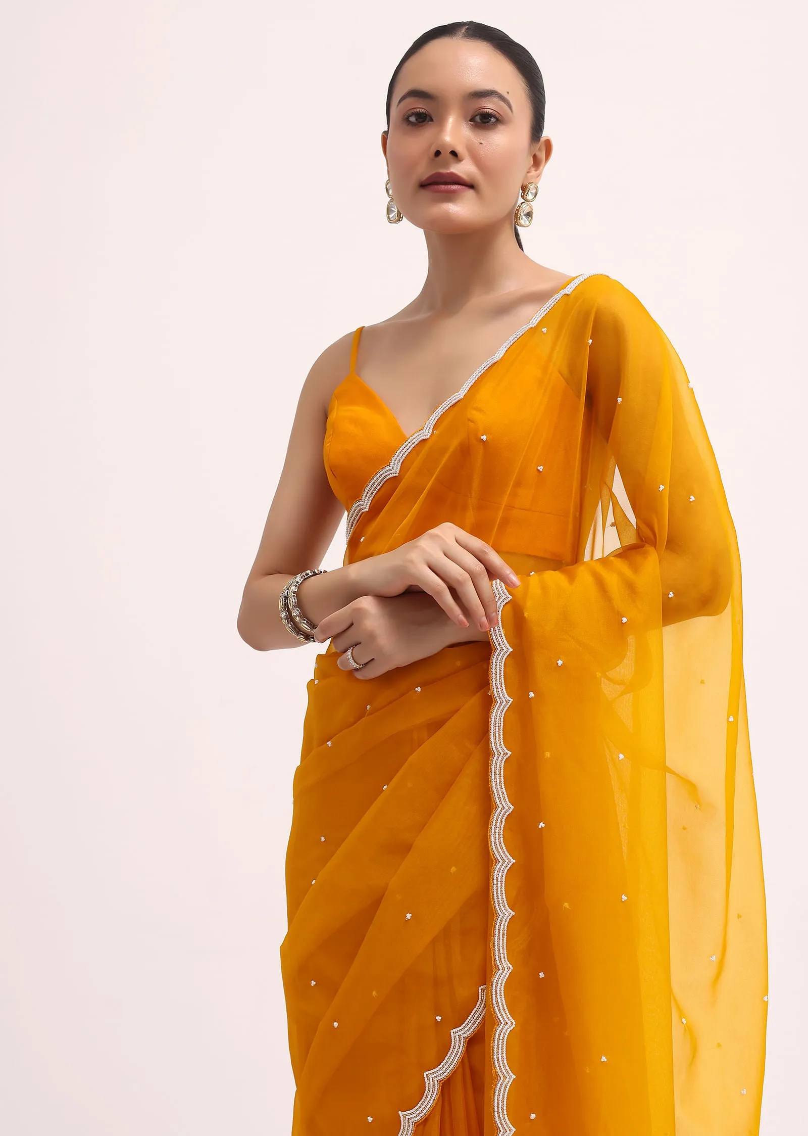 Orange 3D Sequin Organza Saree