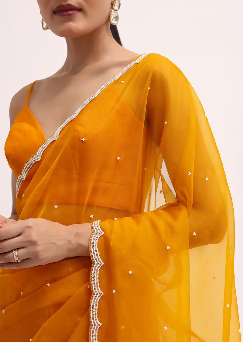 Orange 3D Sequin Organza Saree