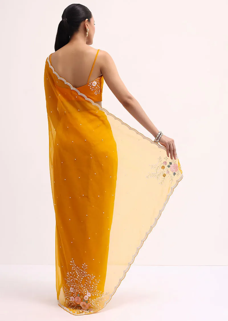 Orange 3D Sequin Organza Saree