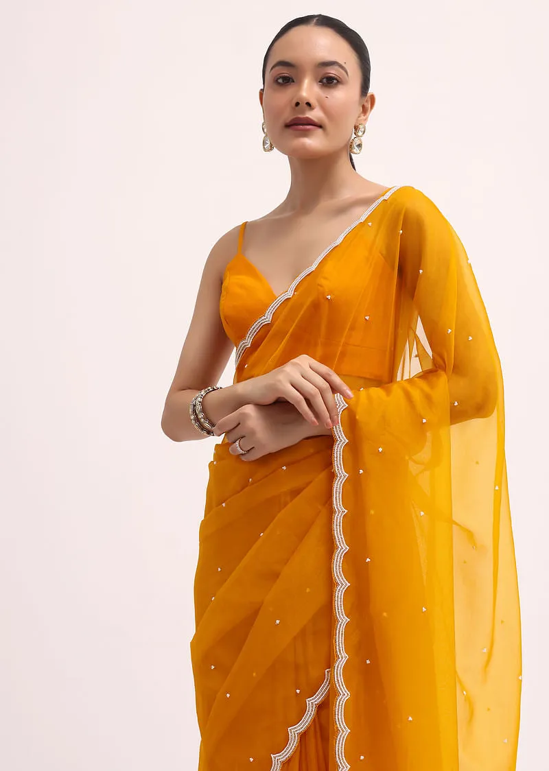 Orange 3D Sequin Organza Saree