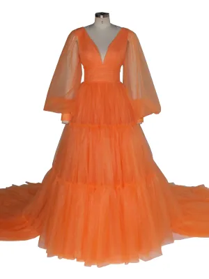 Orange Tullle Dress Long Puffy Sleeves Colored Wedding Dress Photoshoot Props Dress YW240130