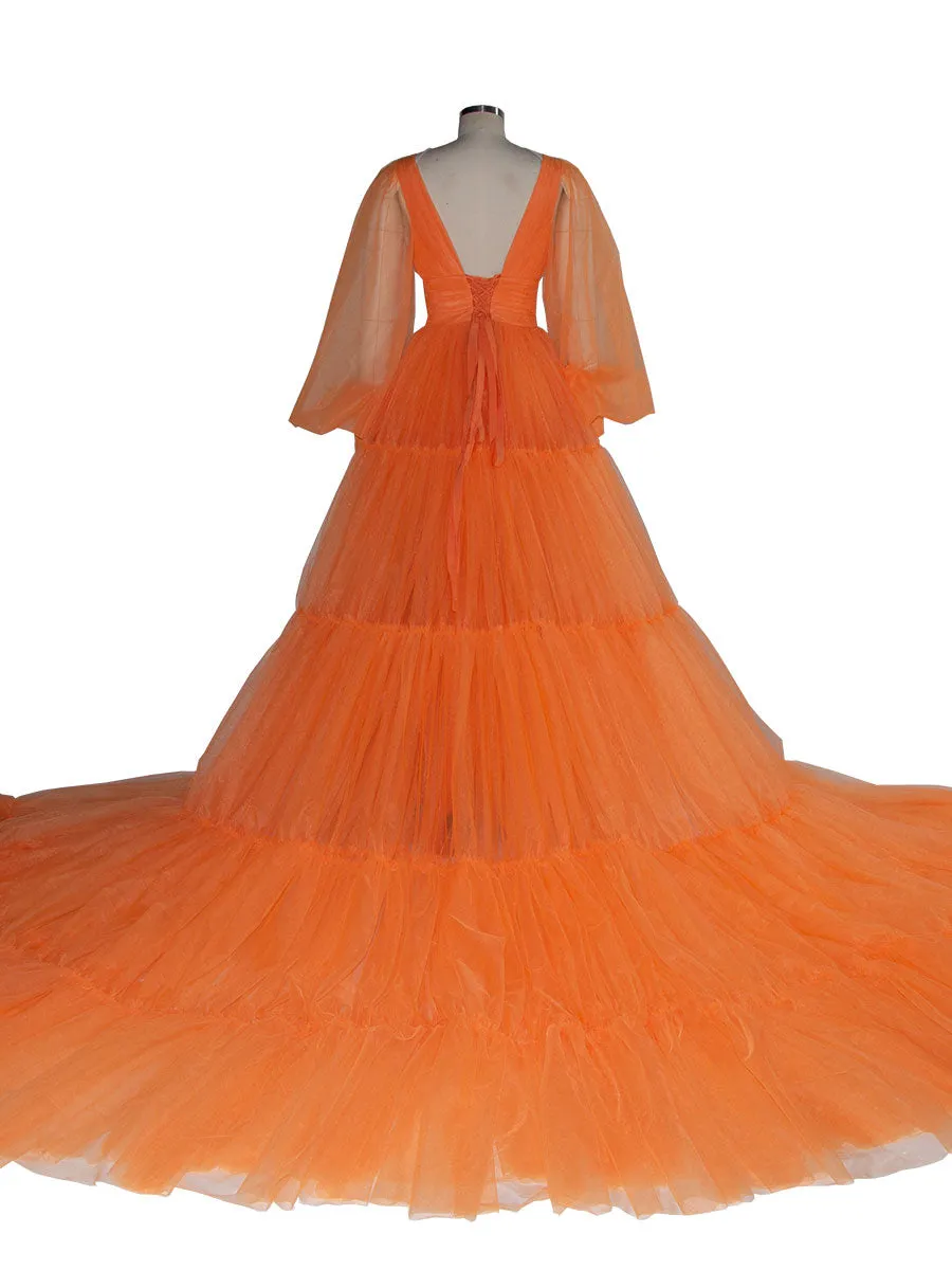 Orange Tullle Dress Long Puffy Sleeves Colored Wedding Dress Photoshoot Props Dress YW240130