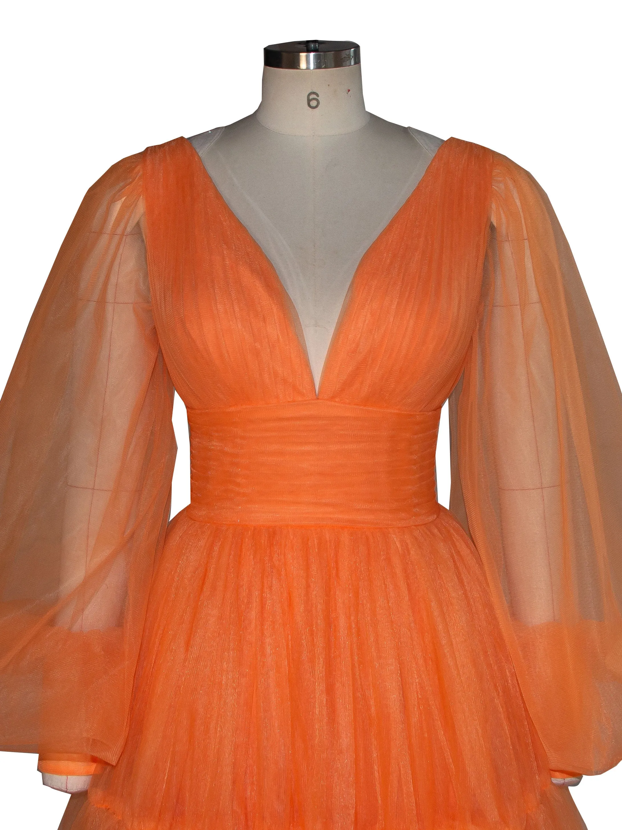 Orange Tullle Dress Long Puffy Sleeves Colored Wedding Dress Photoshoot Props Dress YW240130