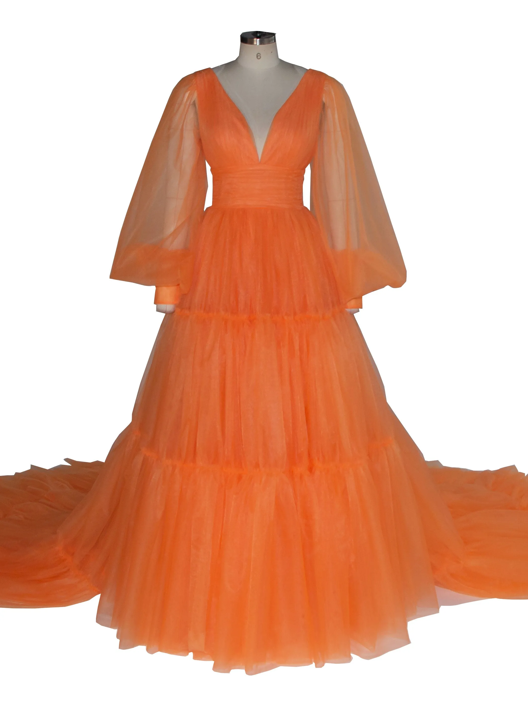 Orange Tullle Dress Long Puffy Sleeves Colored Wedding Dress Photoshoot Props Dress YW240130