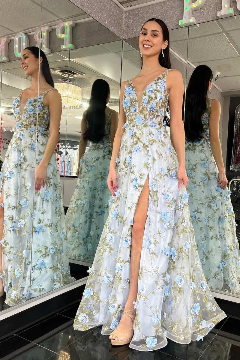 Organza Plunge V A-line Long Prom Dresses with 3D Floral Lace