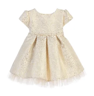 Ornate gold detail pleated jacquard cocktail dress