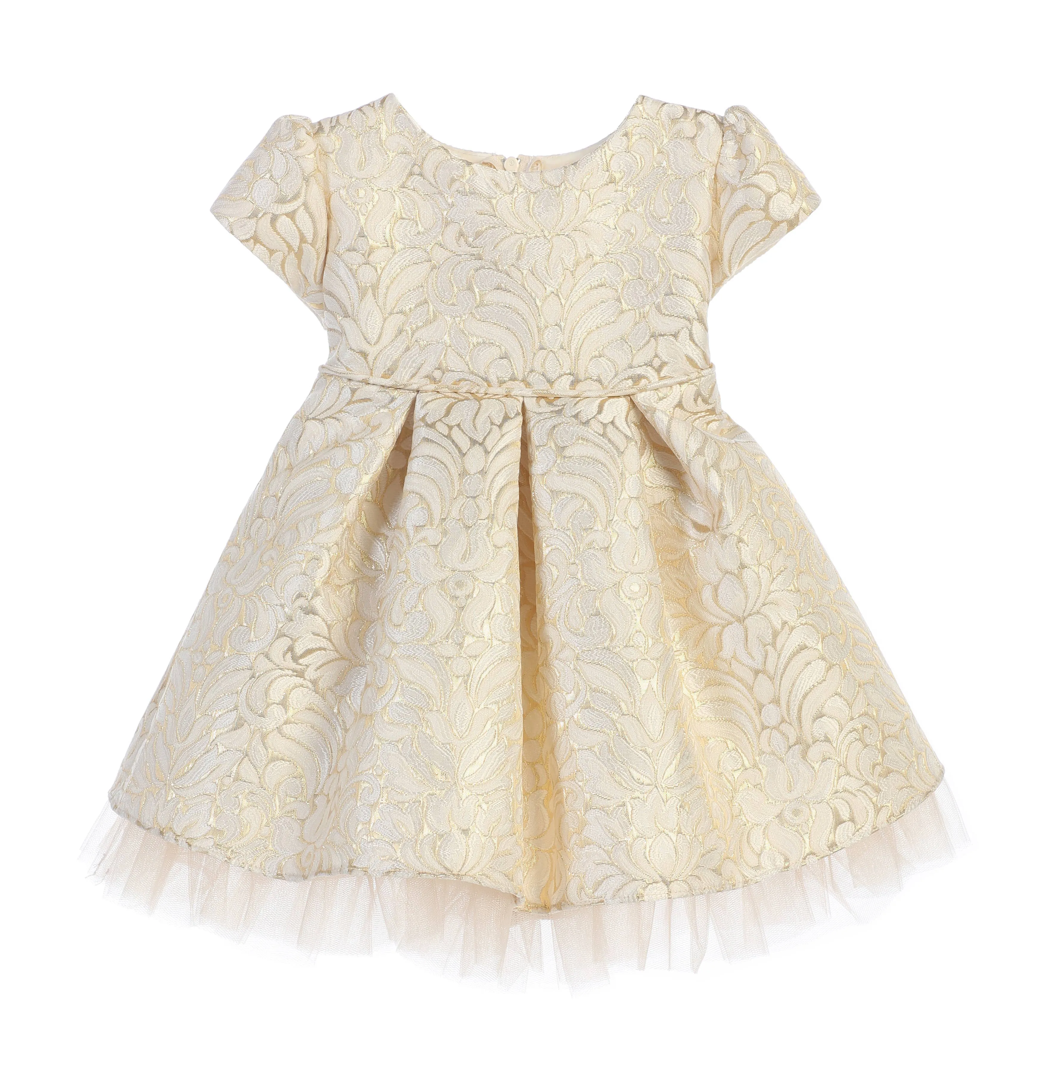 Ornate gold detail pleated jacquard cocktail dress