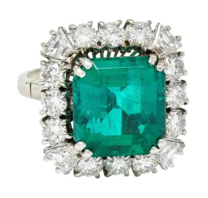 Outstanding 1950's Mid-Century Colombian Emerald Diamond 18 Karat White Gold Vintage Cluster Ring AGL