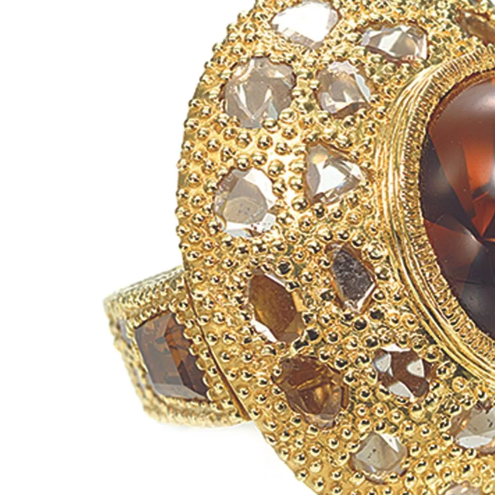 Oversized Saucer Ring with Large Cognac Quartz Centerstone and Diamonds