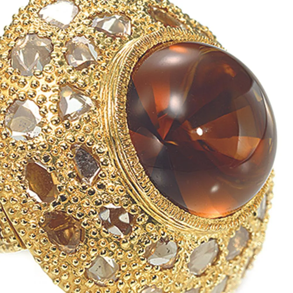 Oversized Saucer Ring with Large Cognac Quartz Centerstone and Diamonds
