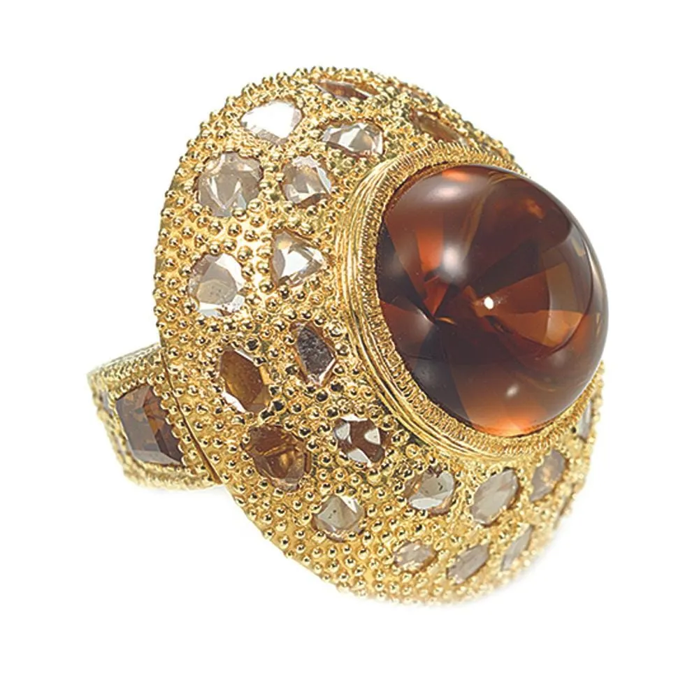 Oversized Saucer Ring with Large Cognac Quartz Centerstone and Diamonds