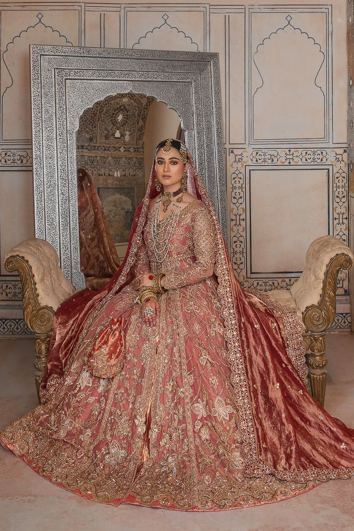 Pakistani Bridal Dress Dusky Pink Front Open Bridal Lehenga