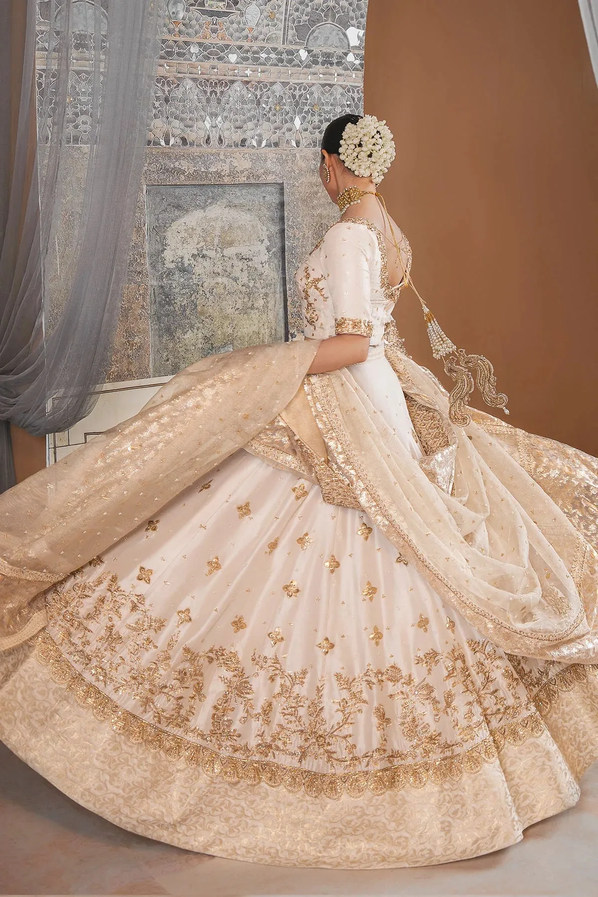 Pakistani Bridal Dress in Gold Frock and Lehenga Style