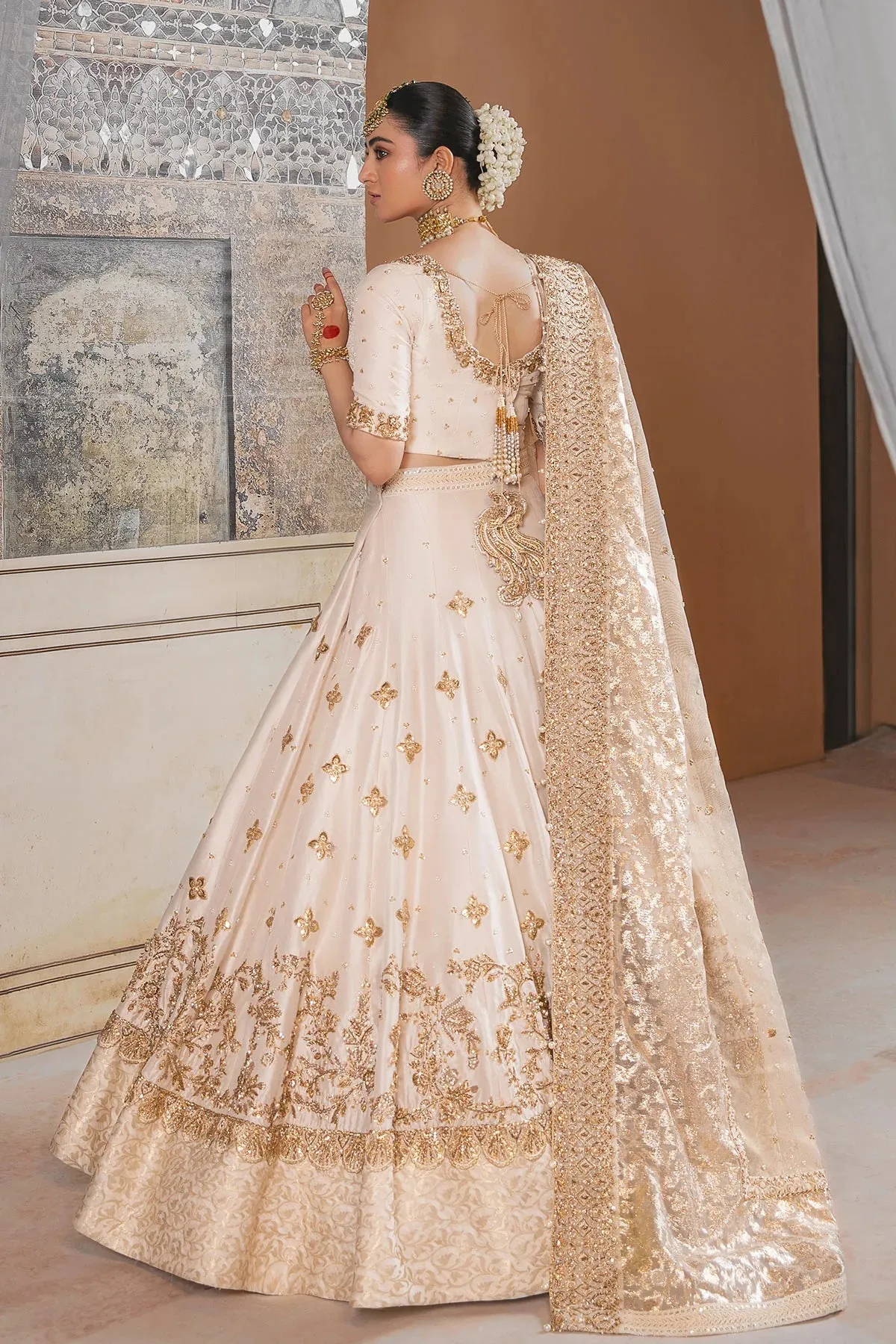 Pakistani Bridal Dress in Gold Frock and Lehenga Style