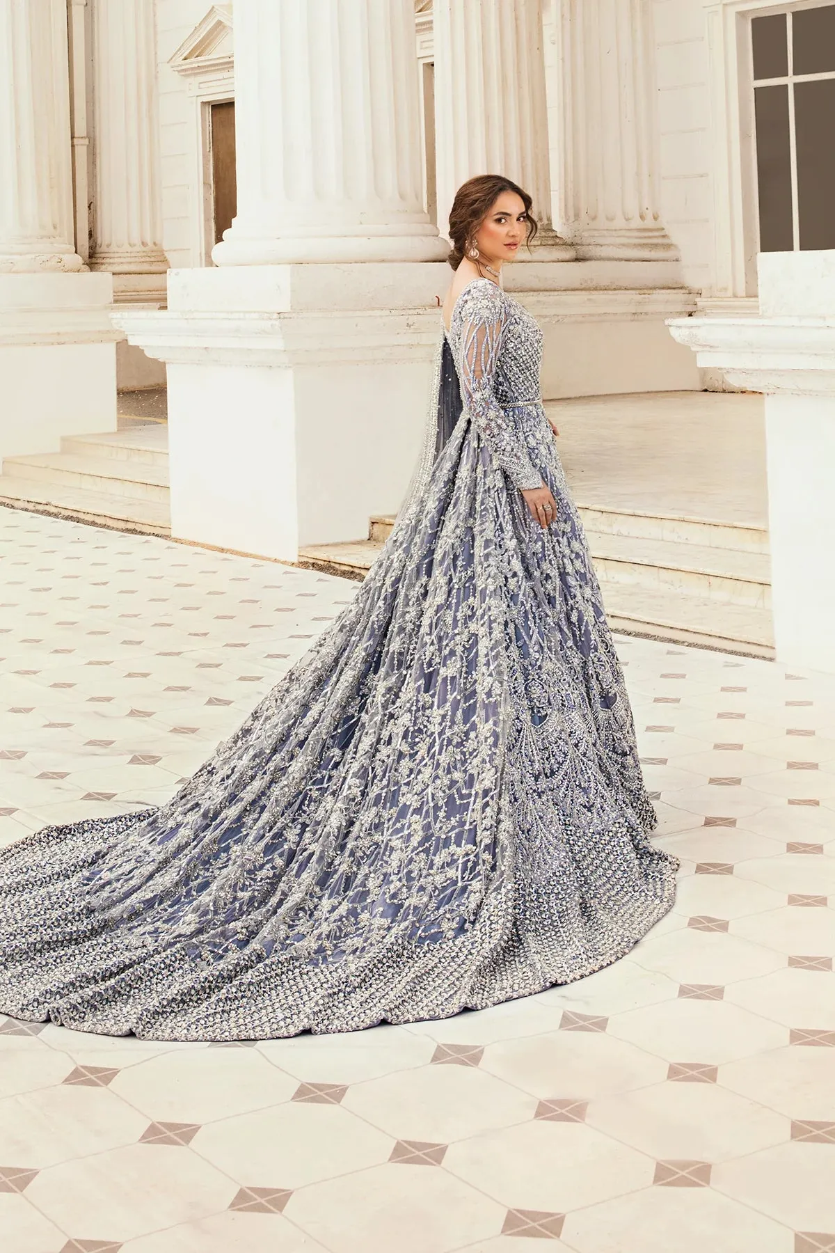 Pakistani Bridal Dress in Ice Blue   long tail gown Style