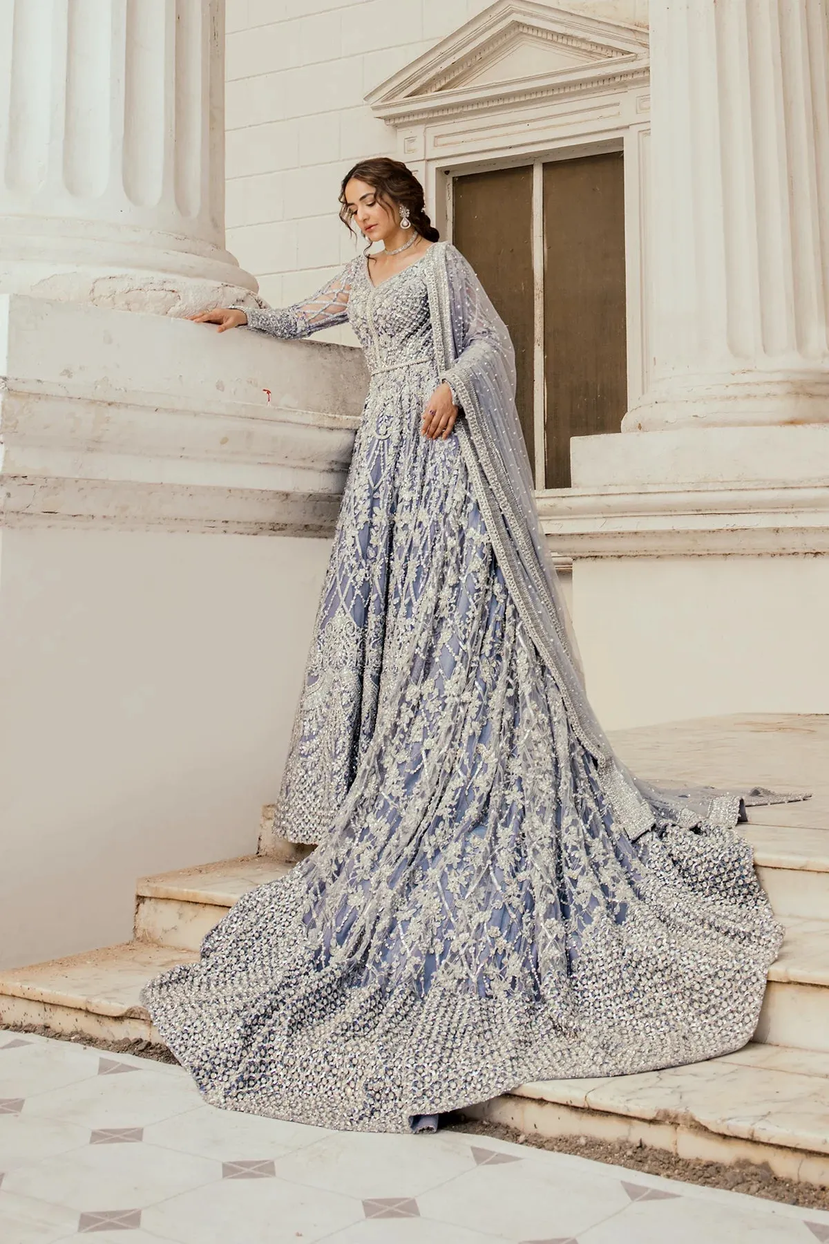 Pakistani Bridal Dress in Ice Blue   long tail gown Style