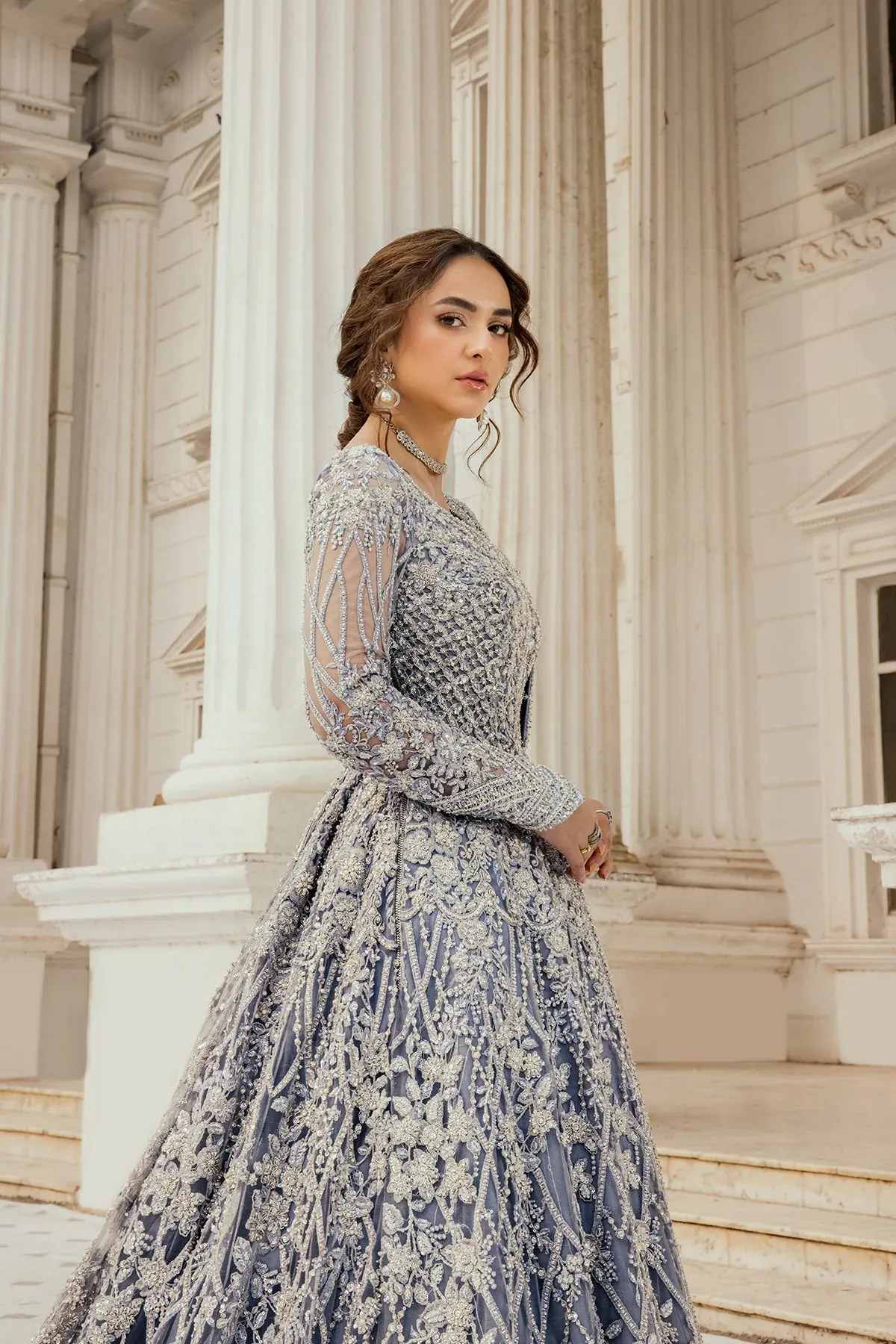 Pakistani Bridal Dress in Ice Blue   long tail gown Style
