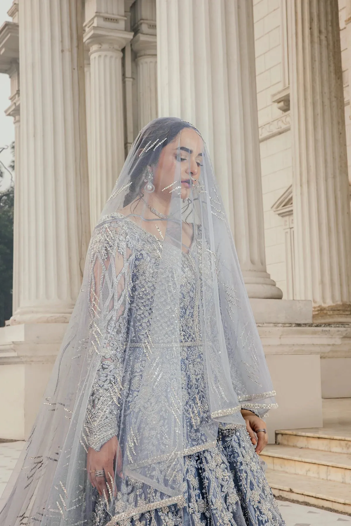 Pakistani Bridal Dress in Ice Blue   long tail gown Style