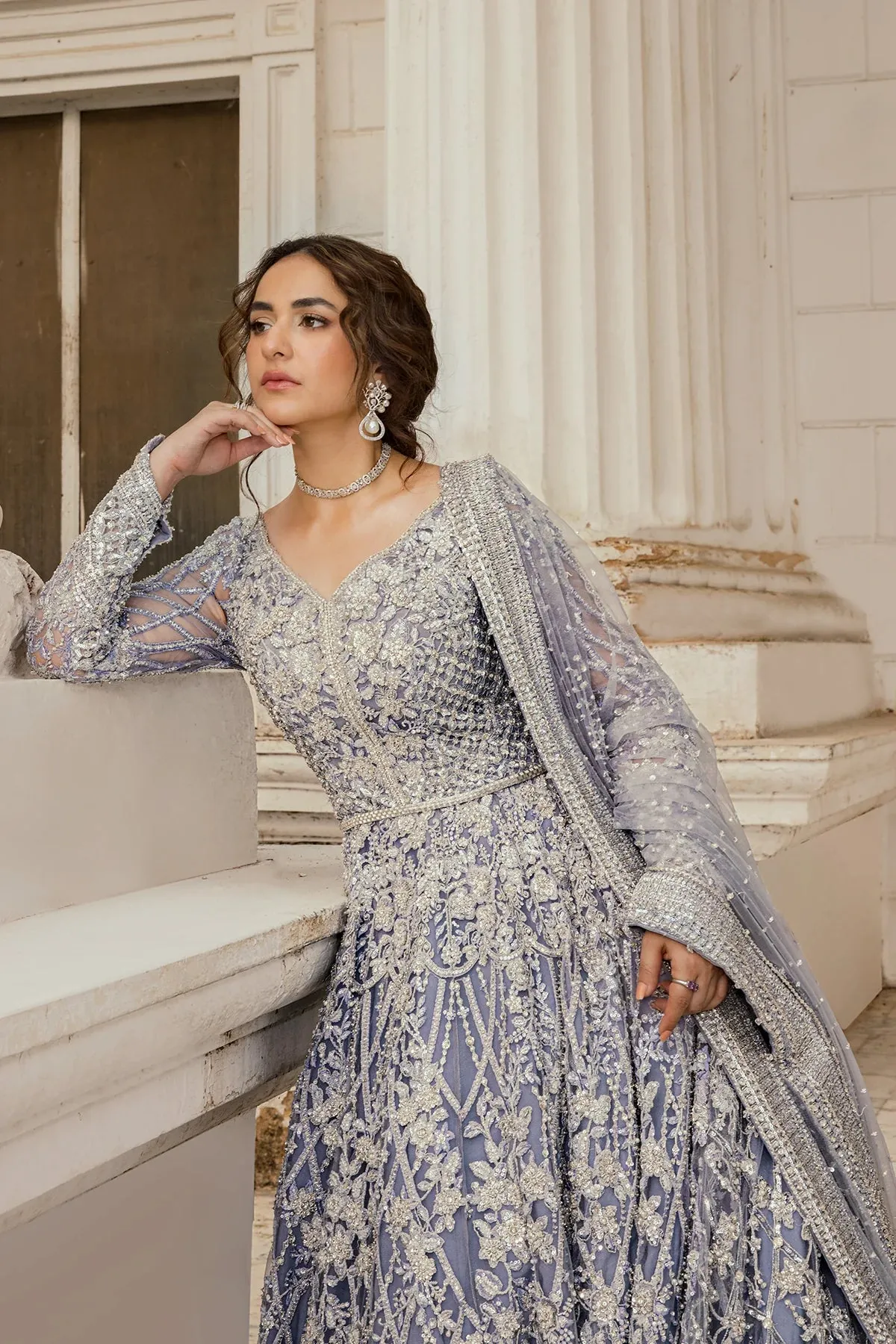 Pakistani Bridal Dress in Ice Blue   long tail gown Style