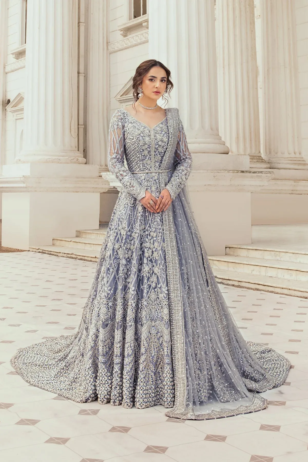Pakistani Bridal Dress in Ice Blue   long tail gown Style