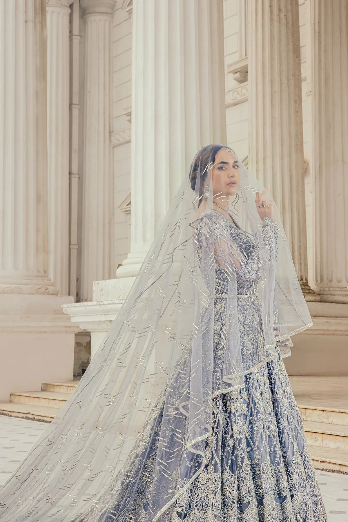 Pakistani Bridal Dress in Ice Blue   long tail gown Style