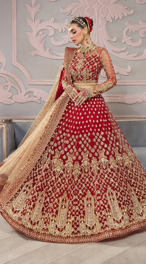 Pakistani Bridal Dress in Red Lehenga and Choli Style Skin Dupatta
