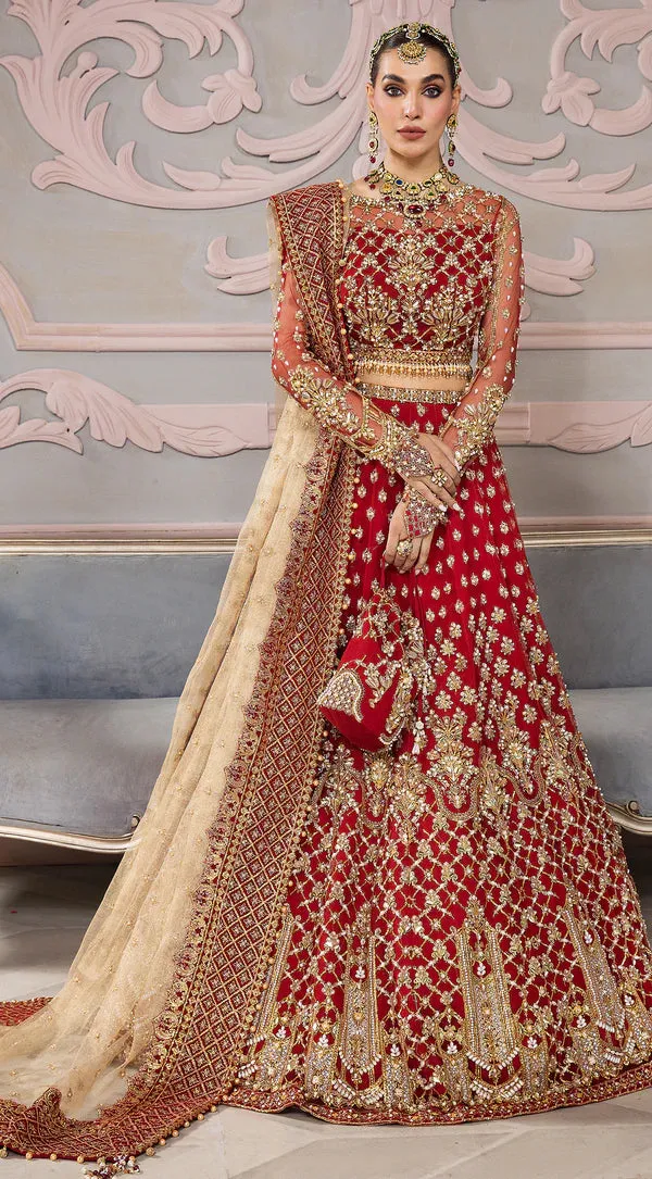 Pakistani Bridal Dress in Red Lehenga and Choli Style Skin Dupatta