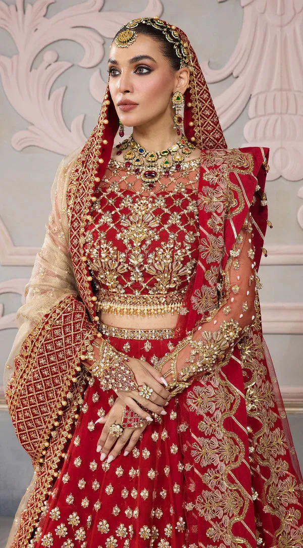 Pakistani Bridal Dress in Red Lehenga and Choli Style Skin Dupatta