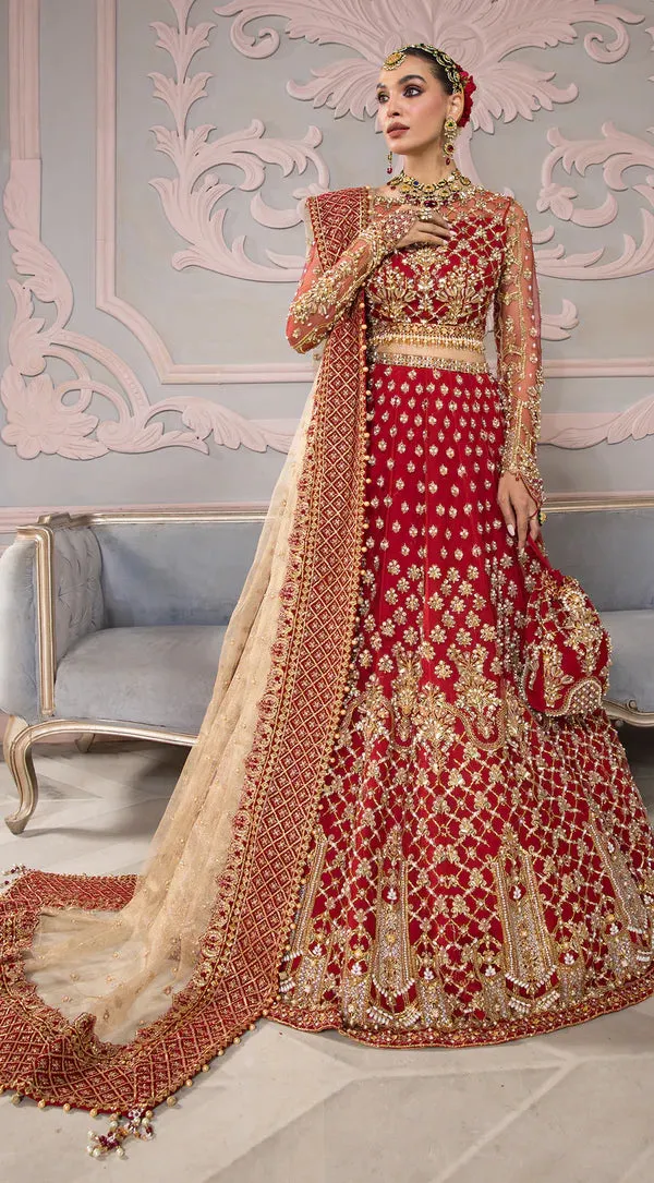 Pakistani Bridal Dress in Red Lehenga and Choli Style Skin Dupatta