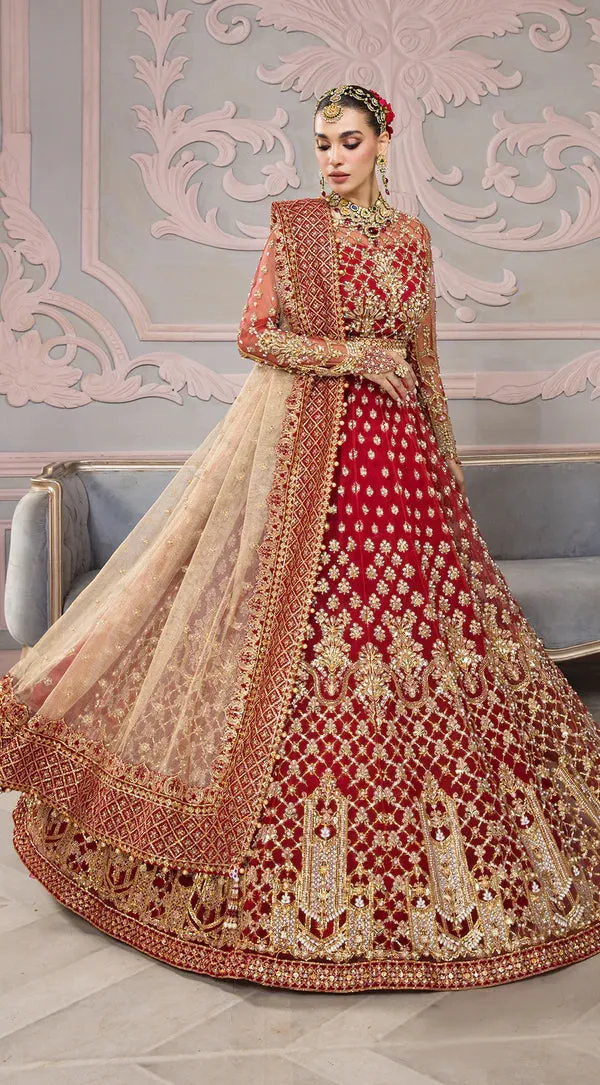 Pakistani Bridal Dress in Red Lehenga and Choli Style Skin Dupatta