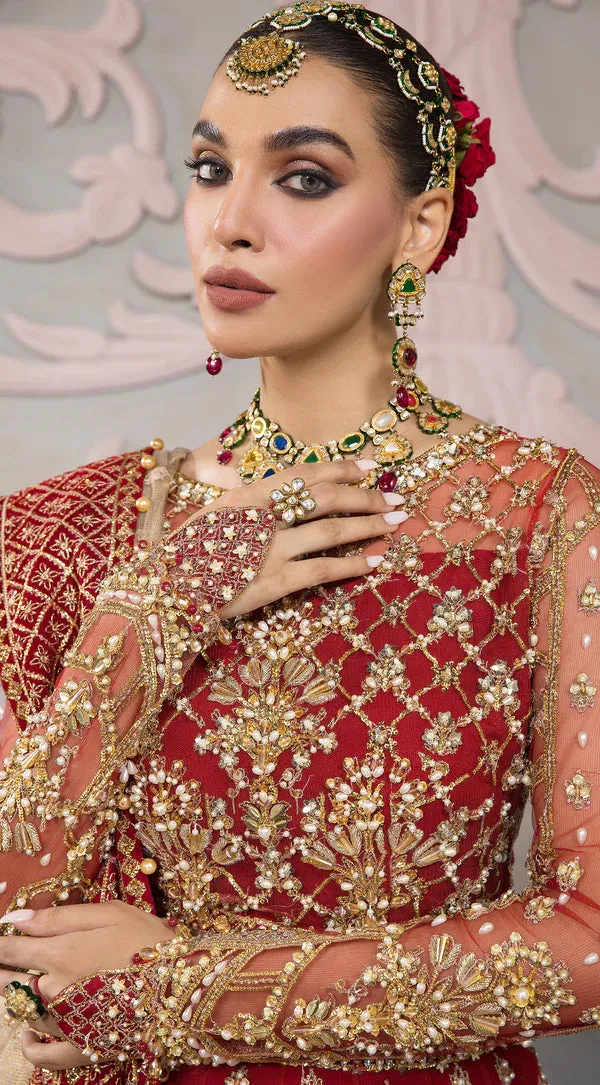 Pakistani Bridal Dress in Red Lehenga and Choli Style Skin Dupatta