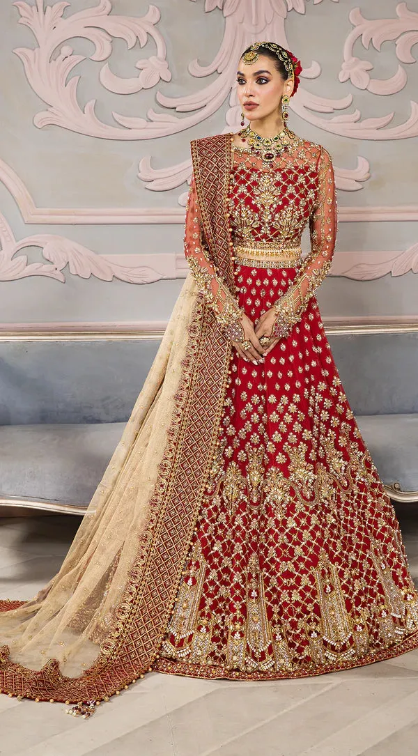 Pakistani Bridal Dress in Red Lehenga and Choli Style Skin Dupatta
