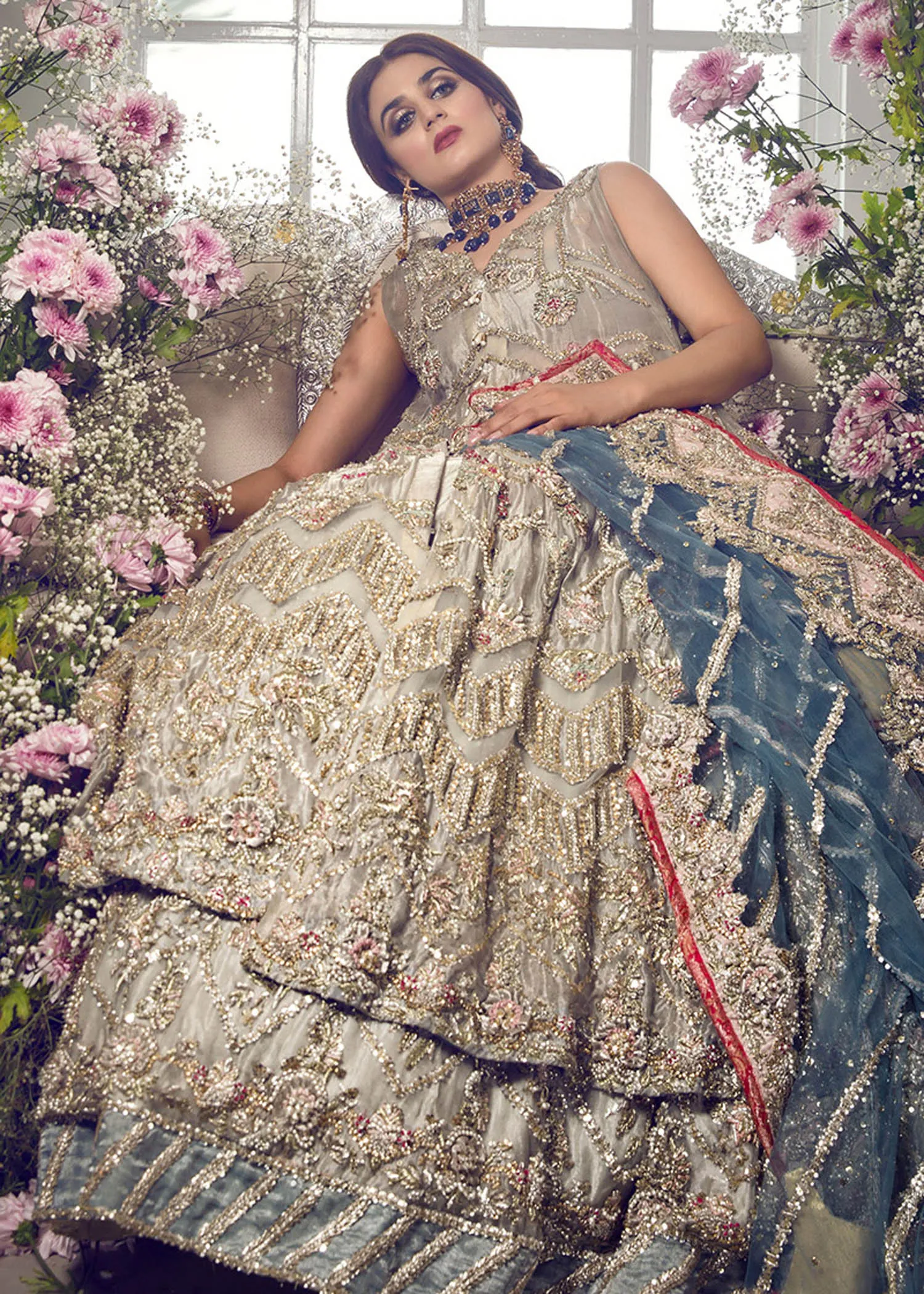 Pakistani Bridal Walima Dress in Gown  lehenga and Dupatta Style