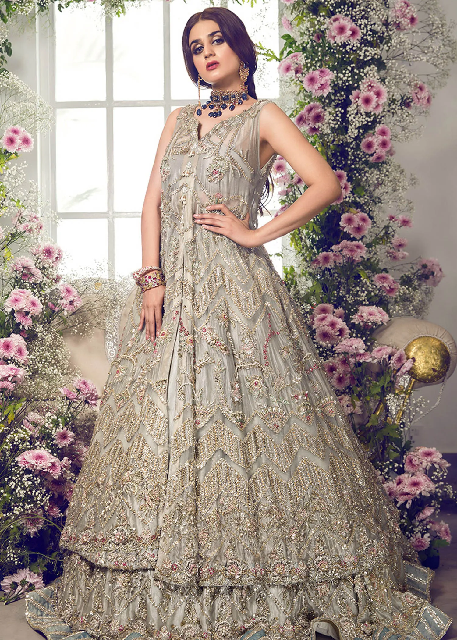 Pakistani Bridal Walima Dress in Gown  lehenga and Dupatta Style
