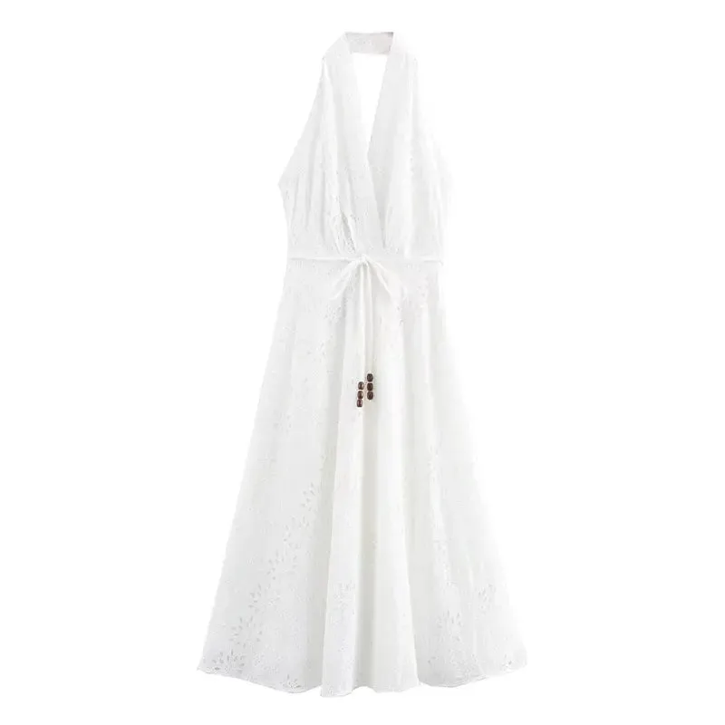 Palma White Floral Emboidery Beaded Halter Back Hollow Out Midi Dress
