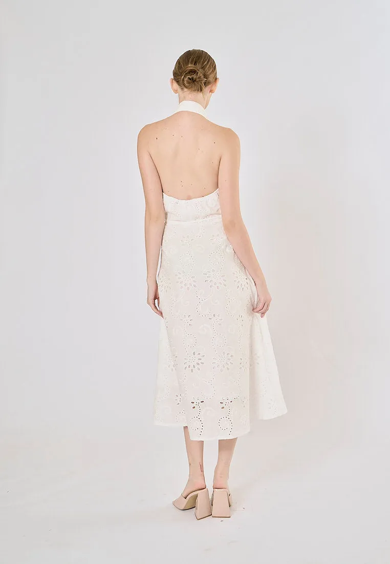 Palma White Floral Emboidery Beaded Halter Back Hollow Out Midi Dress